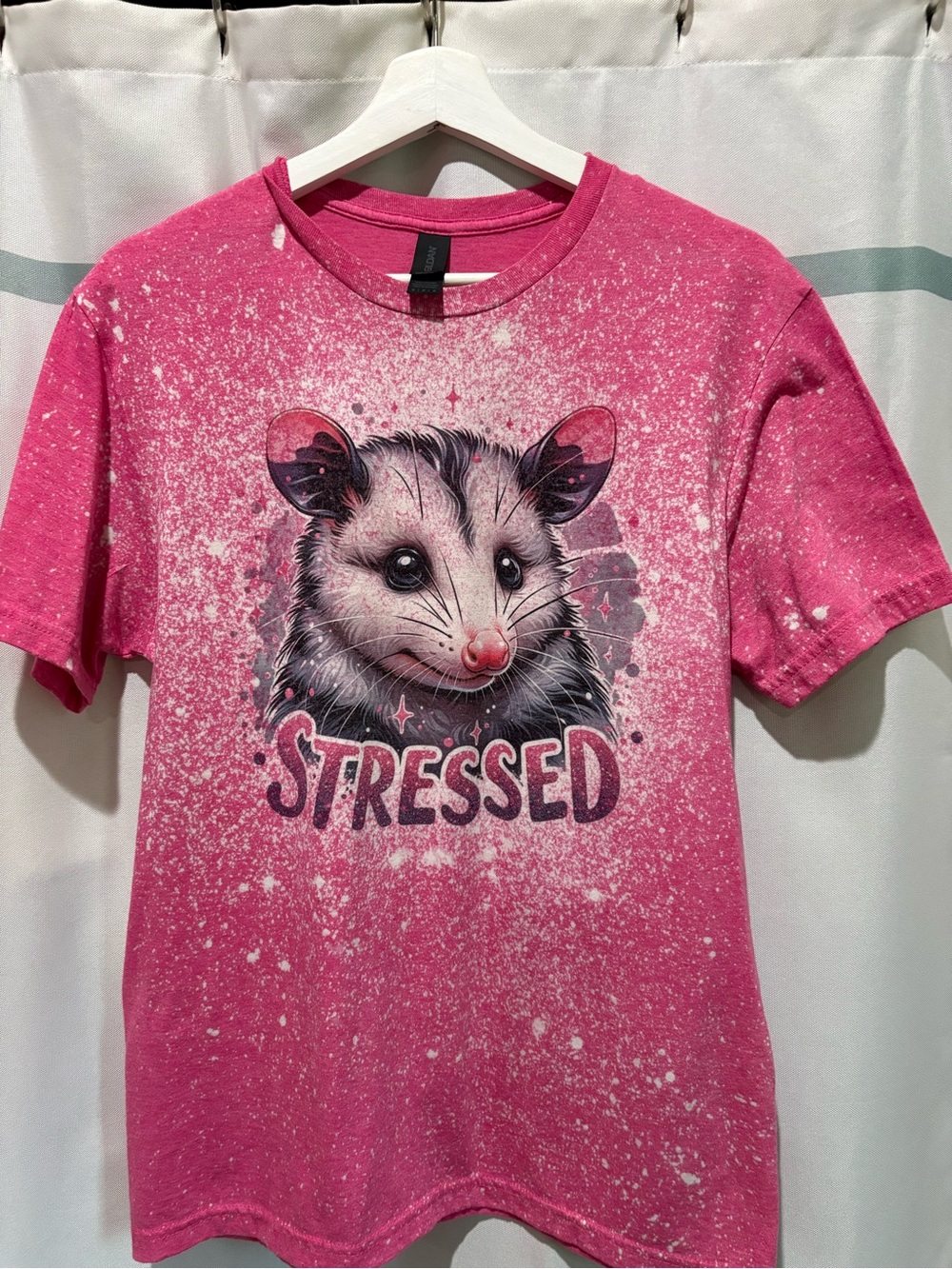 Gildan Pink Opossum Graphic Tee with 'Stressed' Text
